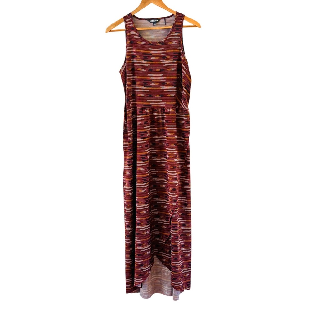 Toad & Co Sunkissed Faux Wrap Maxi Dress L Red Geometric Cutout Hi Low Boho